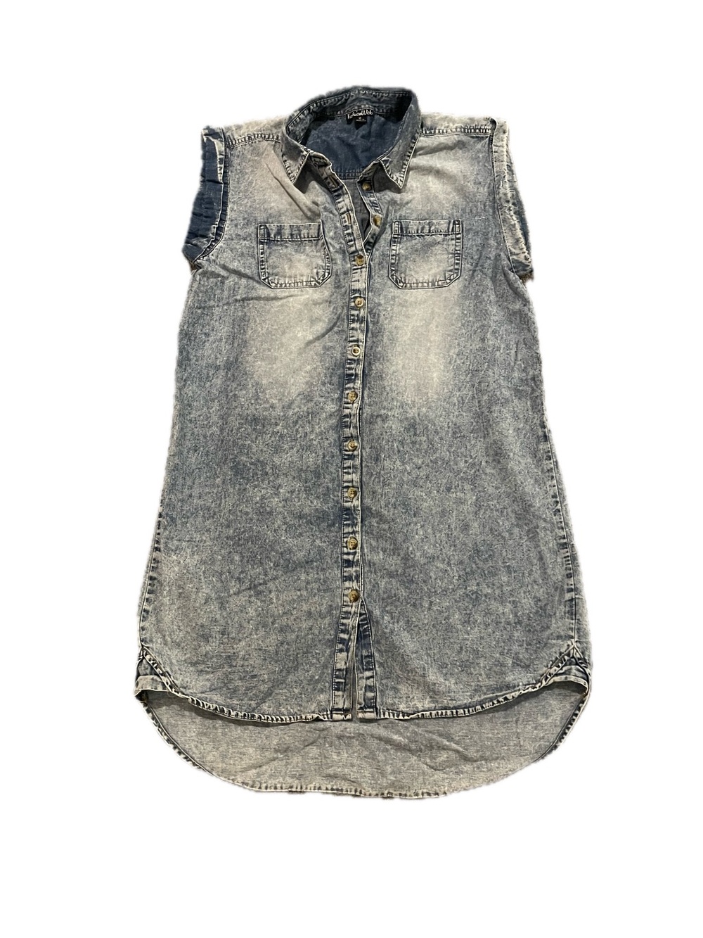 Sleeveless Light Blue Acid-Wash Denim Shirt Dress